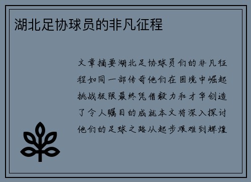 湖北足协球员的非凡征程